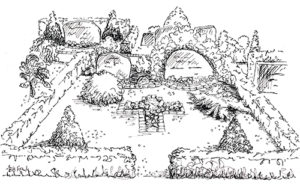 Tegning af et traditionelt gravsted på Skjoldbjerg kirkegård.