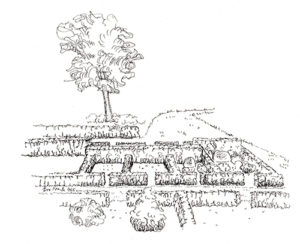 Tegning af urnegravpladserne på Skjoldbjerg kirkegård.