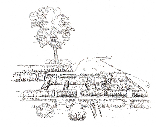 Tegning af urnegravpladserne på Skjoldbjerg kirkegård.