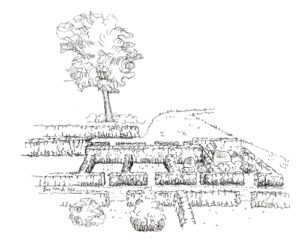 Tegning af urnegravpladserne på Skjoldbjerg kirkegård.