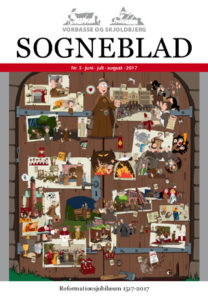 Forside til sogneblad nr. 3 2017. Tegning af Luthers tesedør.