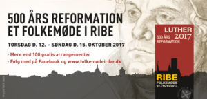 Tegnet billede af Luther i baggrunden og med en silhuet af Ribe i forgrunden.