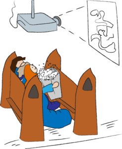 illustration af konfirmander der ser film i kirken