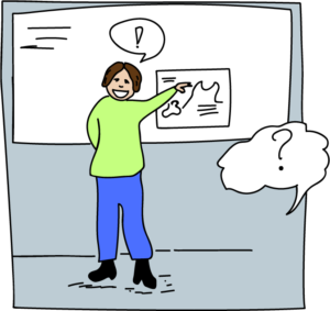 illustration af en person der forklarer ved en tavle en