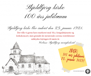 Opslag med aflysning af 100 års jubilæet i Skjoldbjerg kirke. Udsættes til 2022.