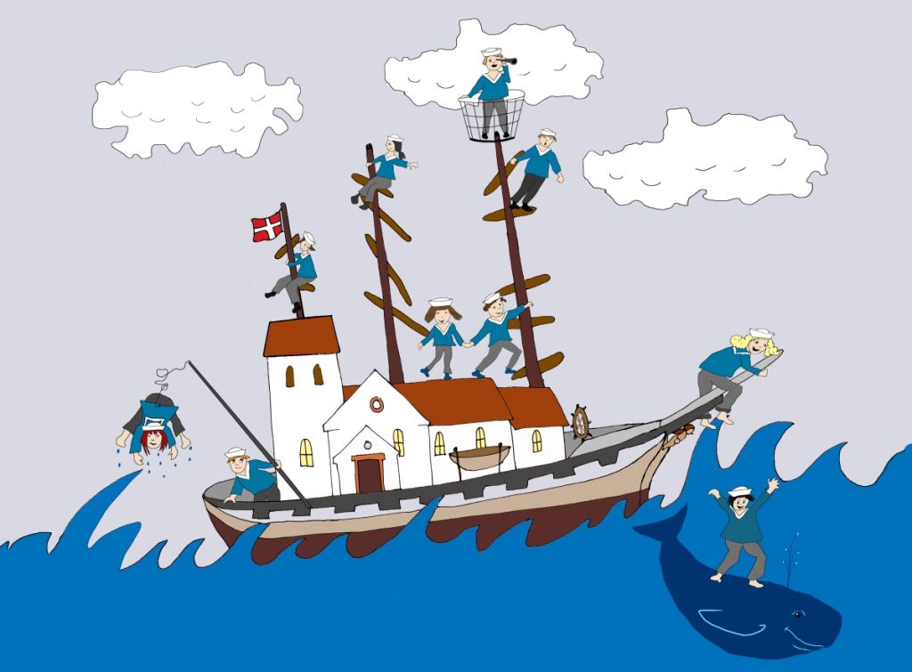 tegning af kirkeskib med en flok minimatroser der kravler rundt.